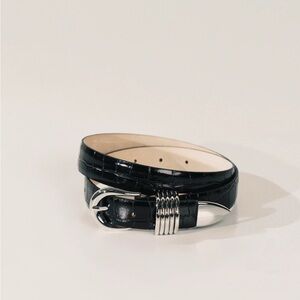 NEW Dehanche Holyhock Black Croc-Embossed Leather Belt with Silver Hardware XS